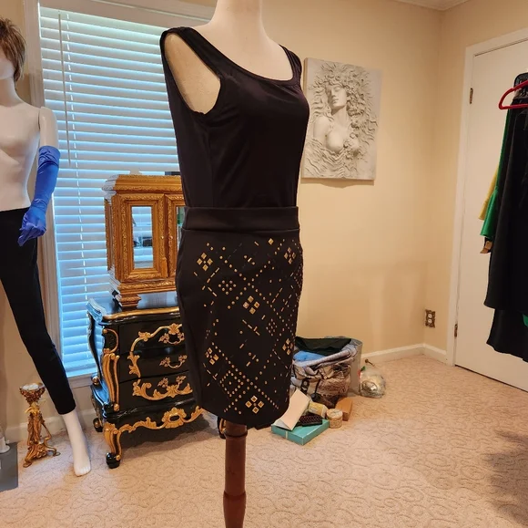 BEBE Bodycon Miniskirt Small Black Semistretch Gold colored Accents - Picture 4 of 12